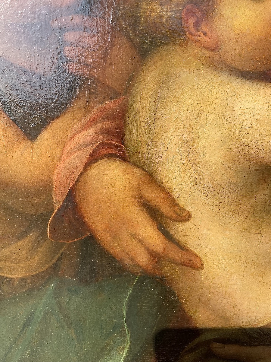 Peinture,huile sur bois : Sainte Marie allaitant Jésus, attribué à Andrea de Sarto, Italie XVIe-photo-4