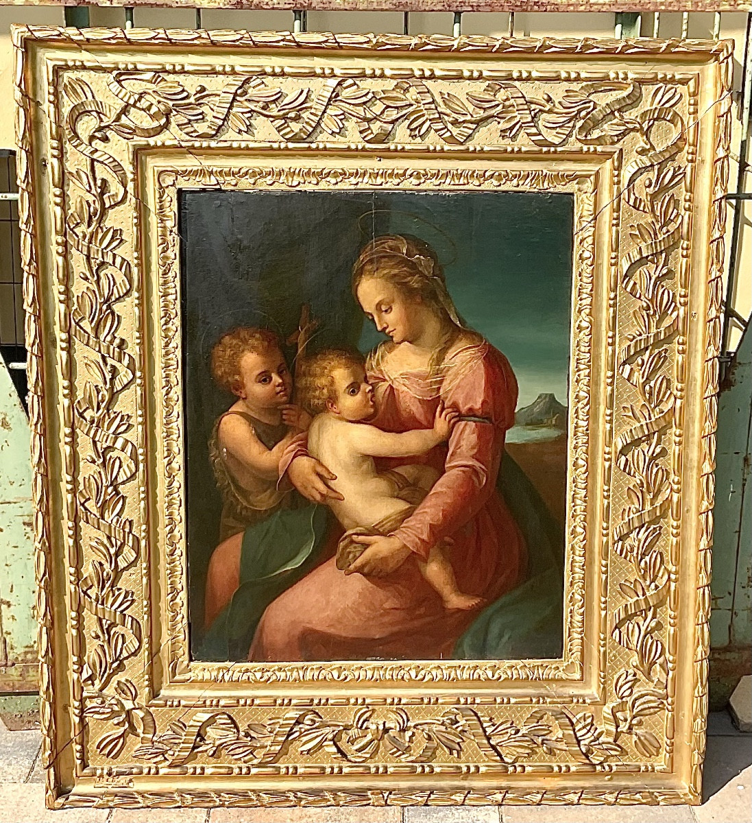 Peinture,huile sur bois : Sainte Marie allaitant Jésus, attribué à Andrea de Sarto, Italie XVIe