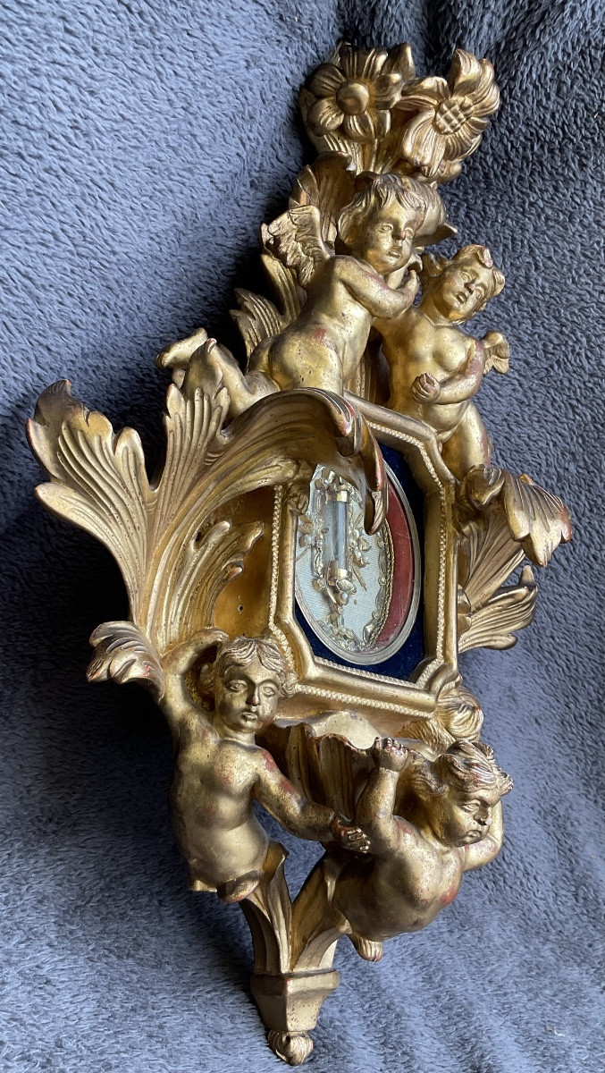 Benitier - Reliquaire “ de la Couronne d’Épines ” entouré d‘angelots , bois sculpté,doré XVIIIe-photo-3