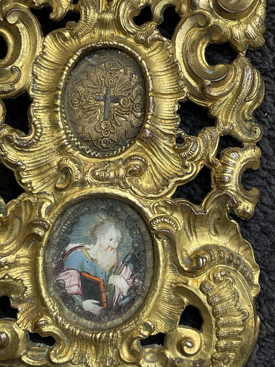 Cadre-Reliquaire «  De la Vraie Croix  «  Cuivre doré , décor Rocaille ajouré, Tyrol XVIIIeme-photo-3