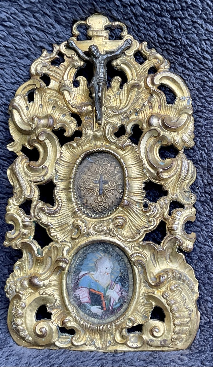 Cadre-Reliquaire «  De la Vraie Croix  «  Cuivre doré , décor Rocaille ajouré, Tyrol XVIIIeme