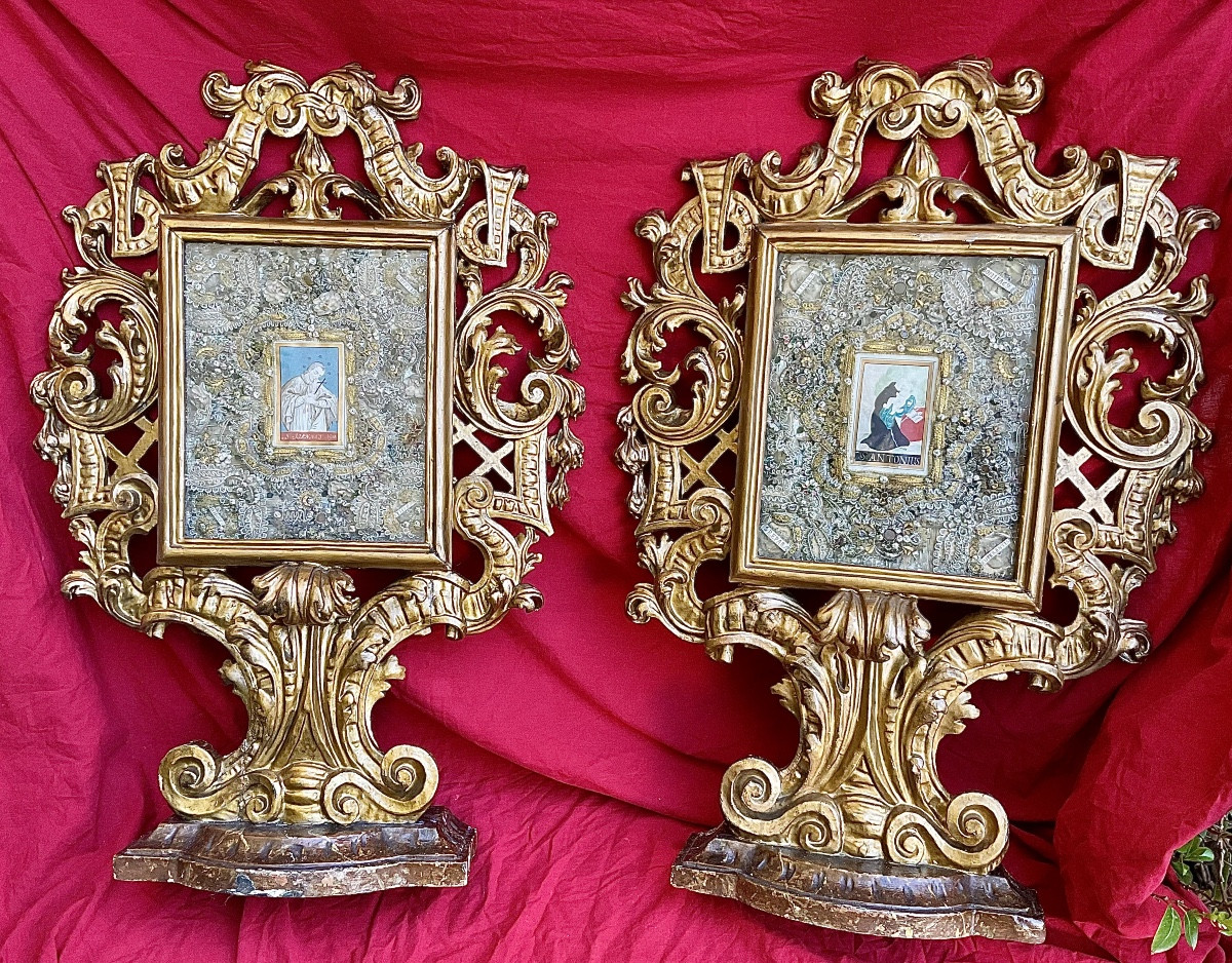 Paire de Monstrances -Reliquaires « S.JOANNES NEP.-S.ANTONIUS »Bois sculpté, doré, XVIIIème