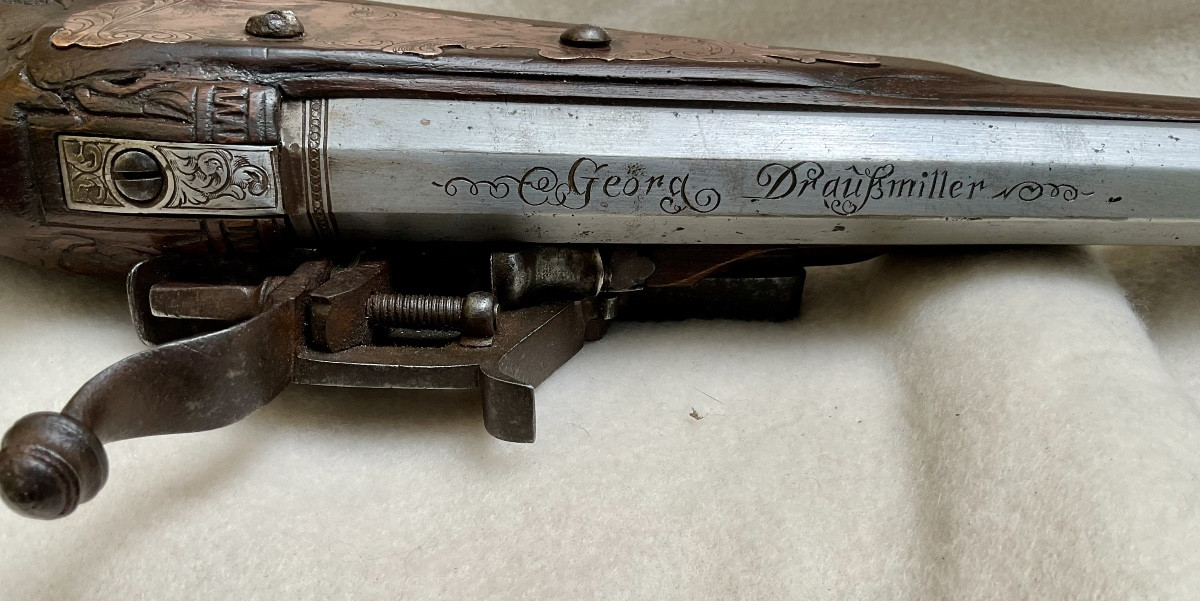 Arquebuse à Rouet ( Fusil de Chasse ): „Georg Draußmiller“ Munich, Fin XVIIe-photo-2