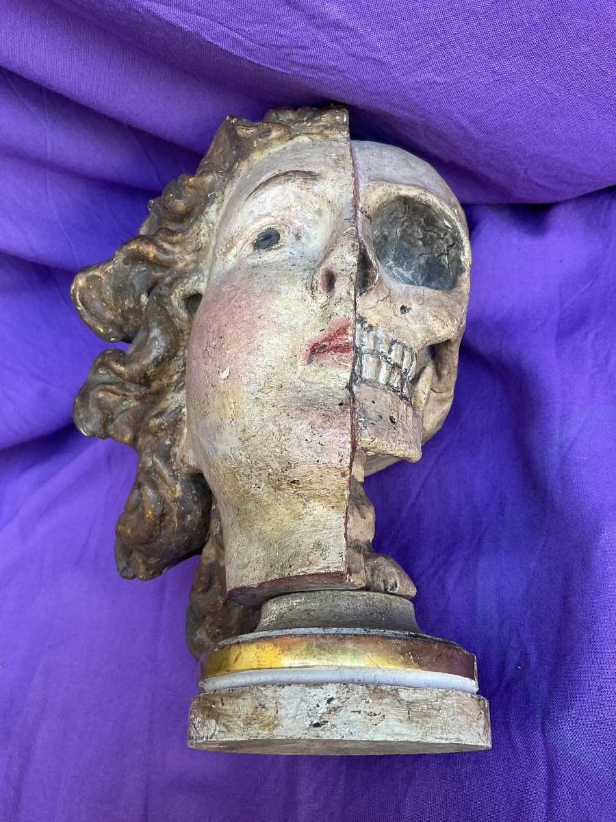 Vanitas “memento Mori”, Half-skull Angel Head In Carved And Painted Wood, 18th Century Tyrol -photo-2