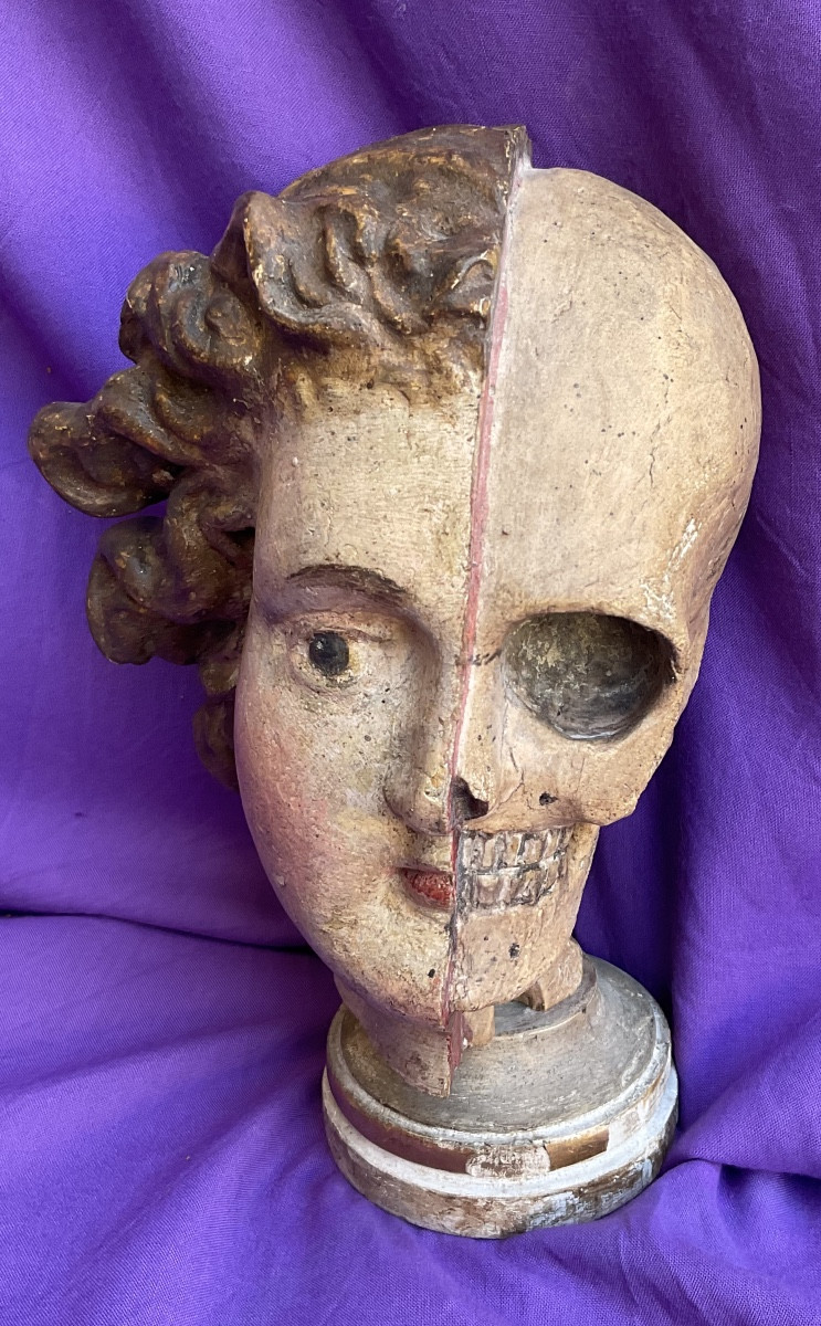 Vanitas “memento Mori”, Half-skull Angel Head In Carved And Painted Wood, 18th Century Tyrol 