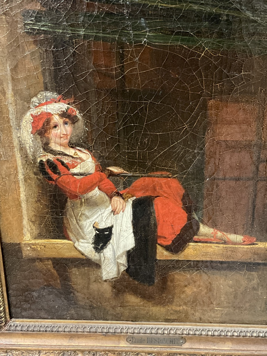 “Jeune Femme à la Mascarade”,Peintur signé “Destouches” ,Cadre d’origine , environ 1840-photo-2