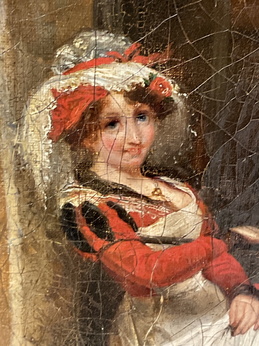 “Jeune Femme à la Mascarade”,Peintur signé “Destouches” ,Cadre d’origine , environ 1840-photo-4