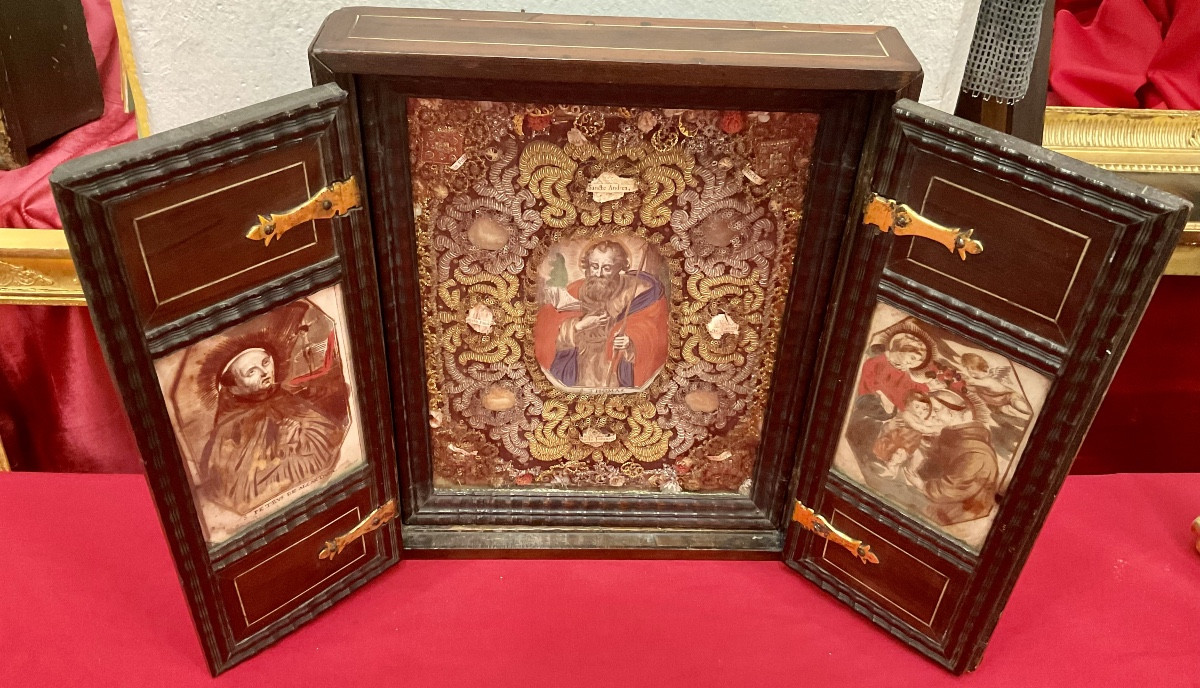 Triptych-reliquary ("ex Ossibus") In Mahogany, Interior: Work Of Nuns, 17th Century Spain-photo-4