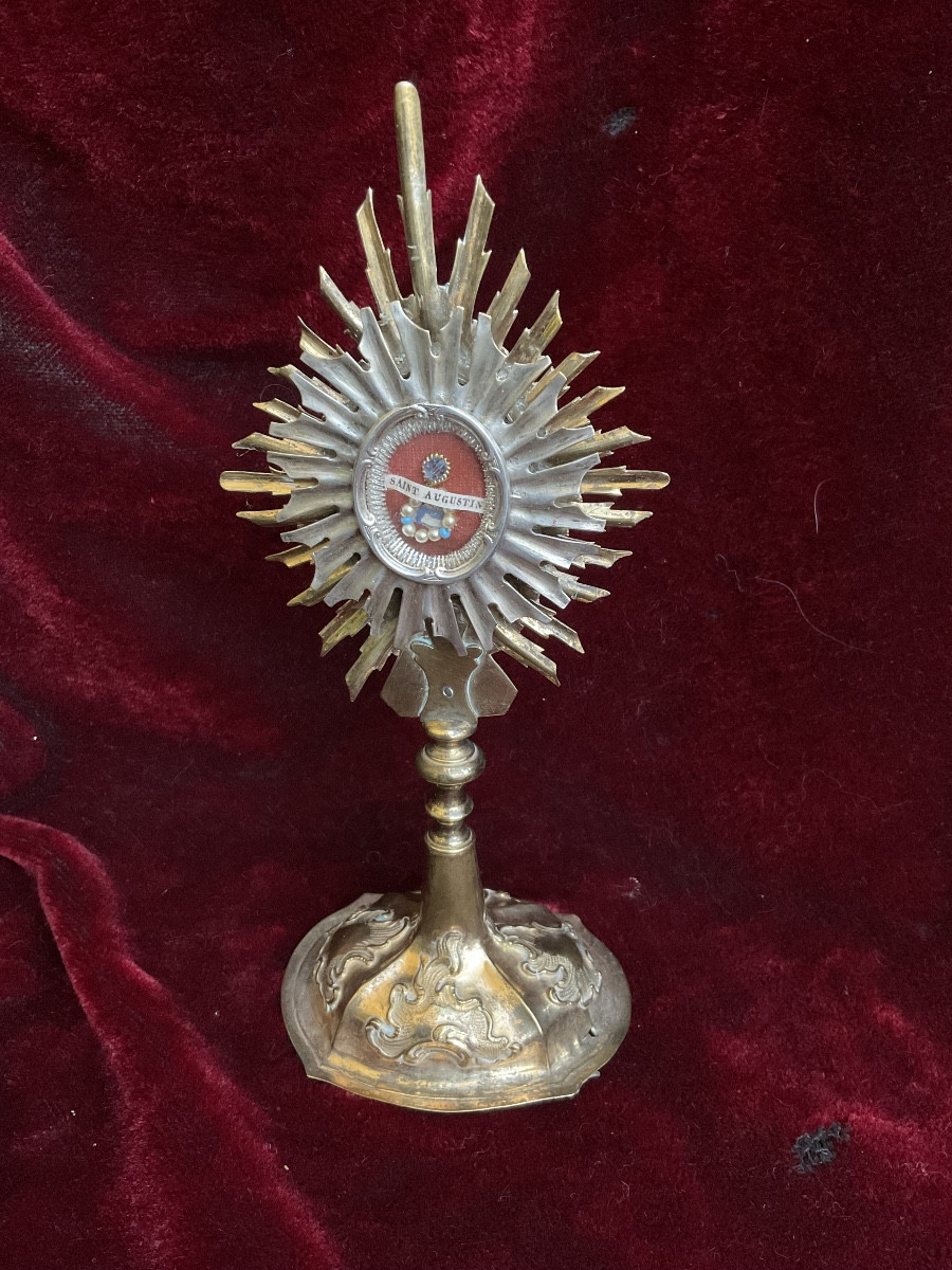 Monstrance - Reliquaire «  Saint Augustin «  en Cuivre doré et Argent de Style Baroque.