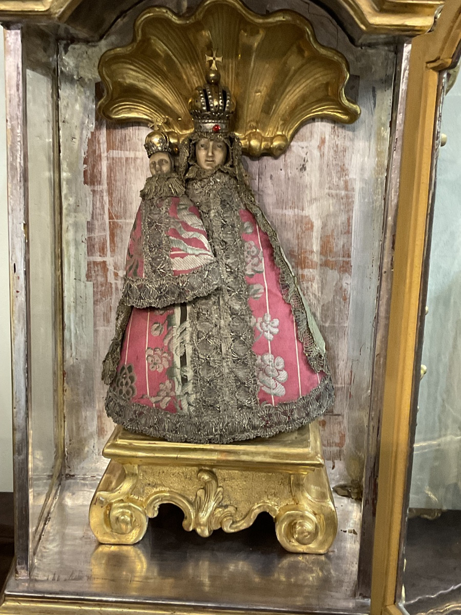 Vitrine de Dévotion ( Travail de Soeurs ) , Vierge à l’Enfant en Cire,  couronnées, Tirol XVIII-photo-3