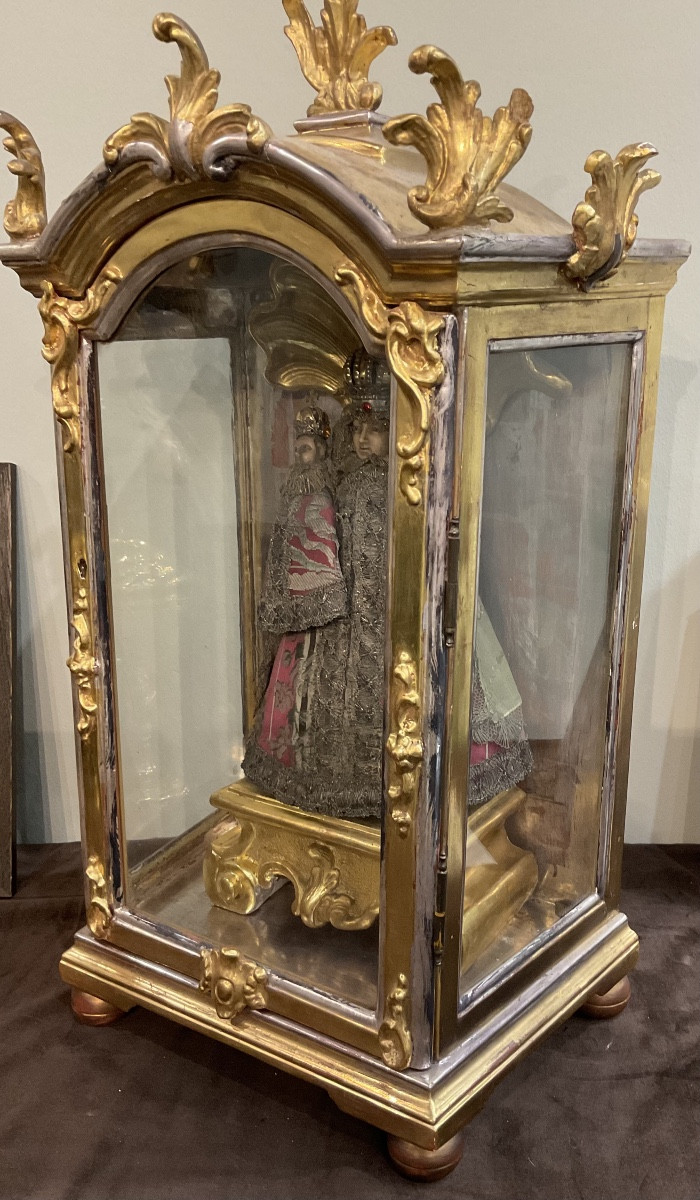 Vitrine de Dévotion ( Travail de Soeurs ) , Vierge à l’Enfant en Cire,  couronnées, Tirol XVIII-photo-1
