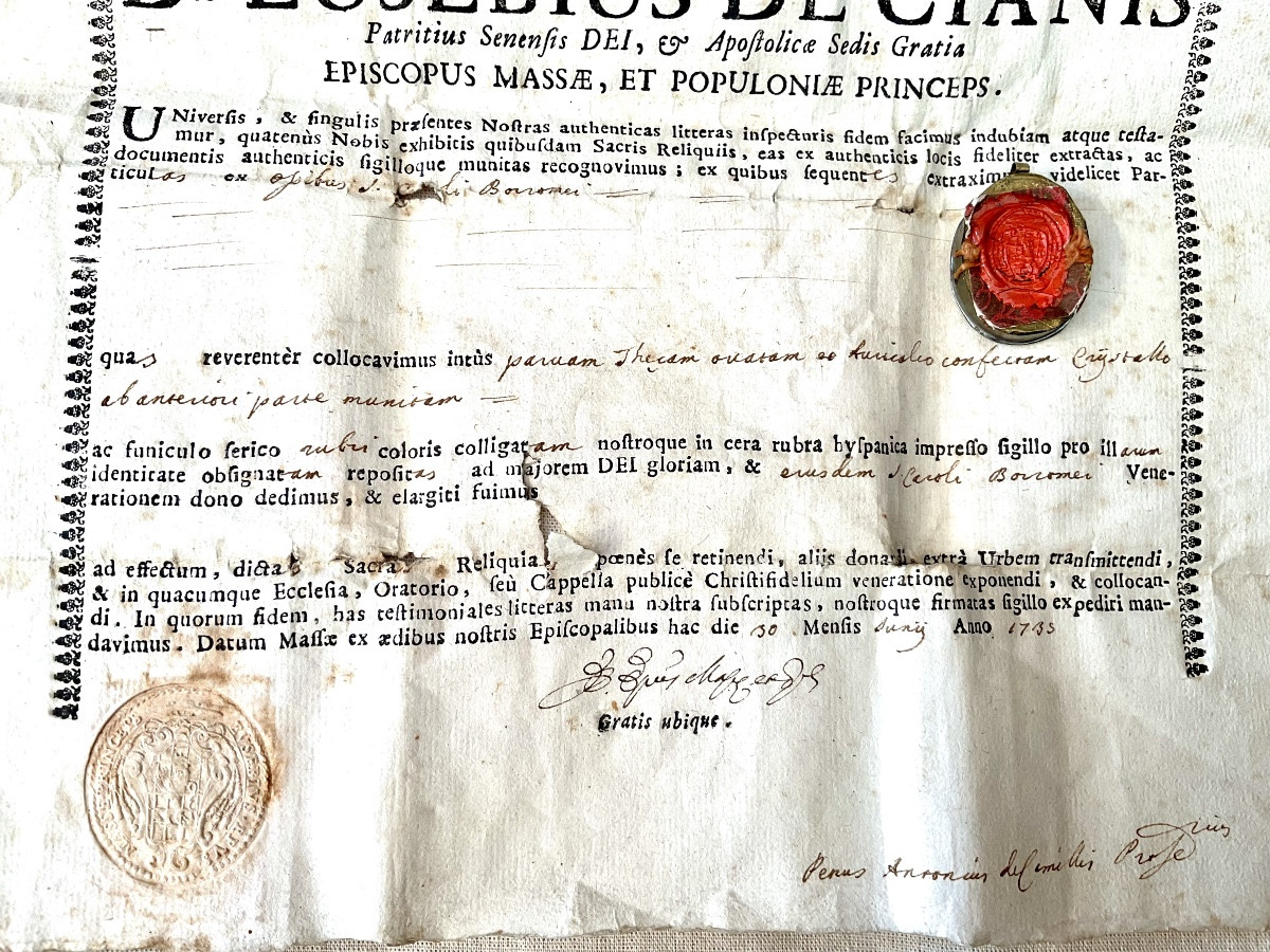 Reliquary Capsule “s.caroli Borom.” Ex Ossibus” With Authentic Episcopal Seal, Dated 1755-photo-3