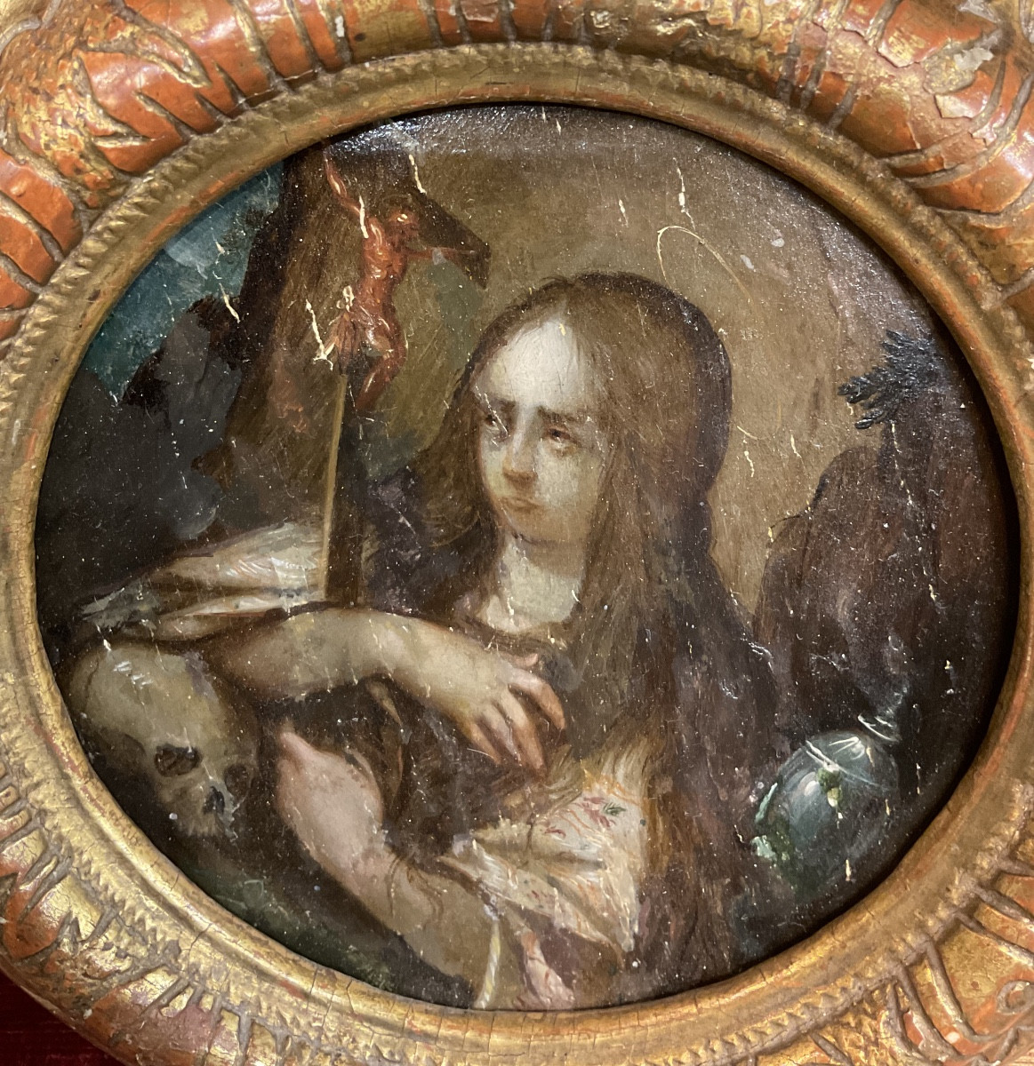 Tableau en rond ( Tondo ),Huile sur bois, « Marie Madeleine en Méditation, Europe Central XVIII-photo-2