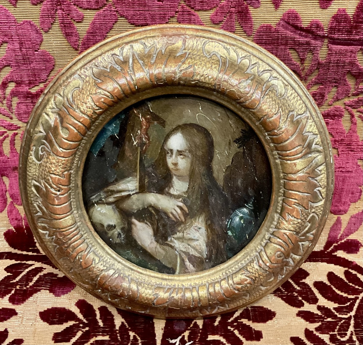 Tableau en rond ( Tondo ),Huile sur bois, « Marie Madeleine en Méditation, Europe Central XVIII