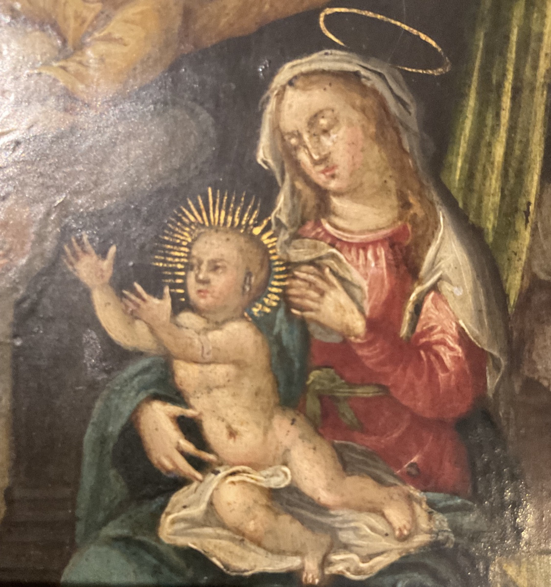 Vierge à L’Enfant avec Anges représentant la Sainte Croix , Huile sur Plaque de cuivre, XVIIème-photo-3