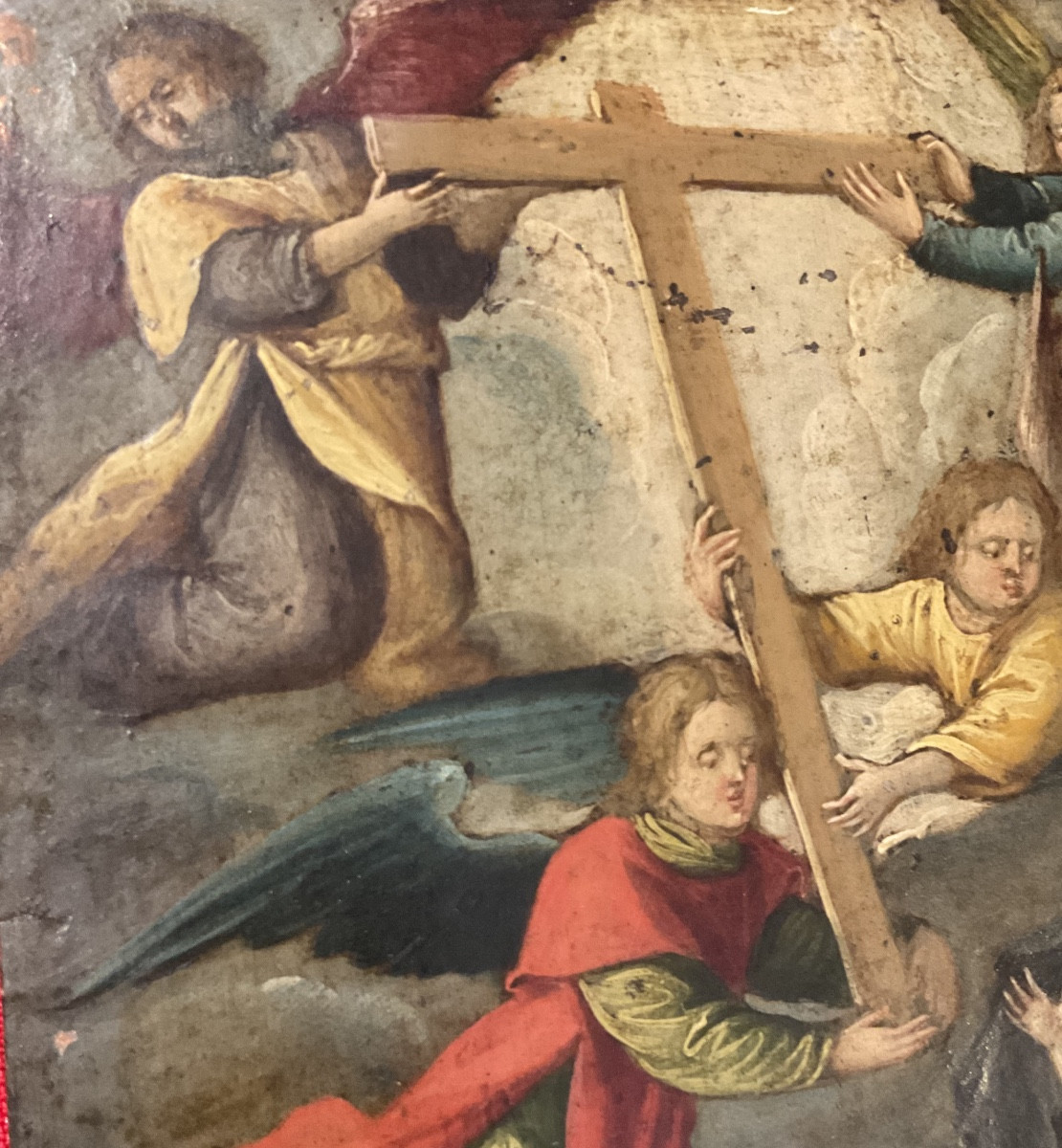 Vierge à L’Enfant avec Anges représentant la Sainte Croix , Huile sur Plaque de cuivre, XVIIème-photo-4