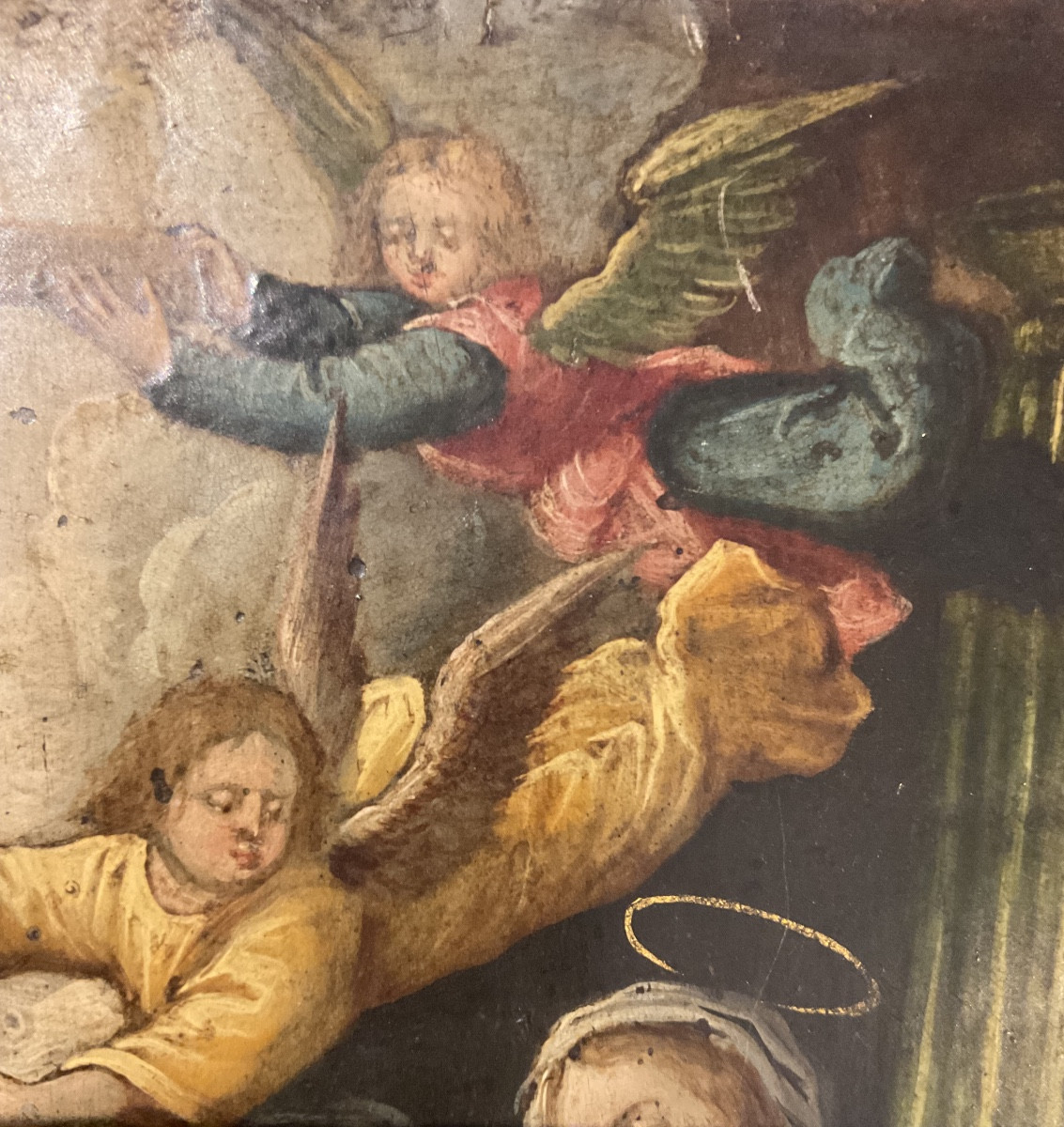 Vierge à L’Enfant avec Anges représentant la Sainte Croix , Huile sur Plaque de cuivre, XVIIème-photo-2