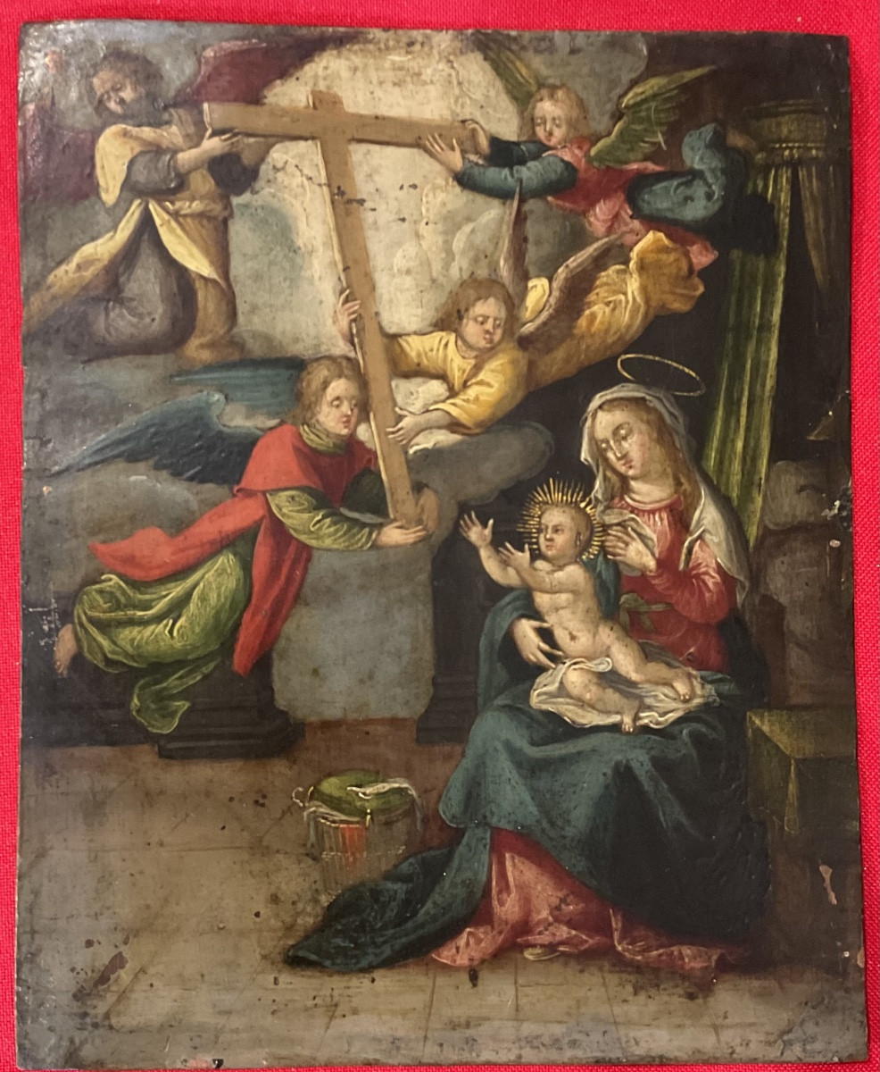 Vierge à L’Enfant avec Anges représentant la Sainte Croix , Huile sur Plaque de cuivre, XVIIème