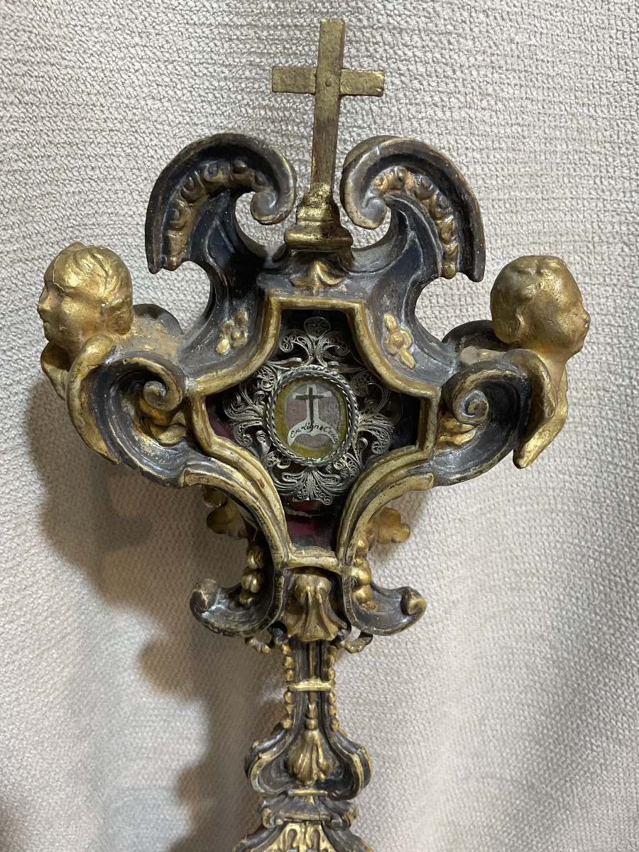 Monstrance - Reliquaire, en Bois sculpté,  de la Sainte Croix ( Theca en Argent ), Italie XVIII-photo-1