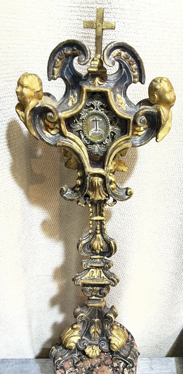 Monstrance - Reliquaire, en Bois sculpté,  de la Sainte Croix ( Theca en Argent ), Italie XVIII