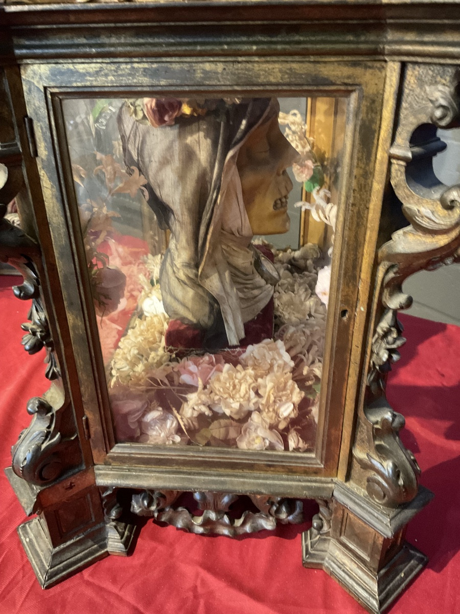 Reliquary - Showcase - Carved Wood , With Wax Bust Of Sainte Cathrin De Sienna , Sicily 1800-photo-3