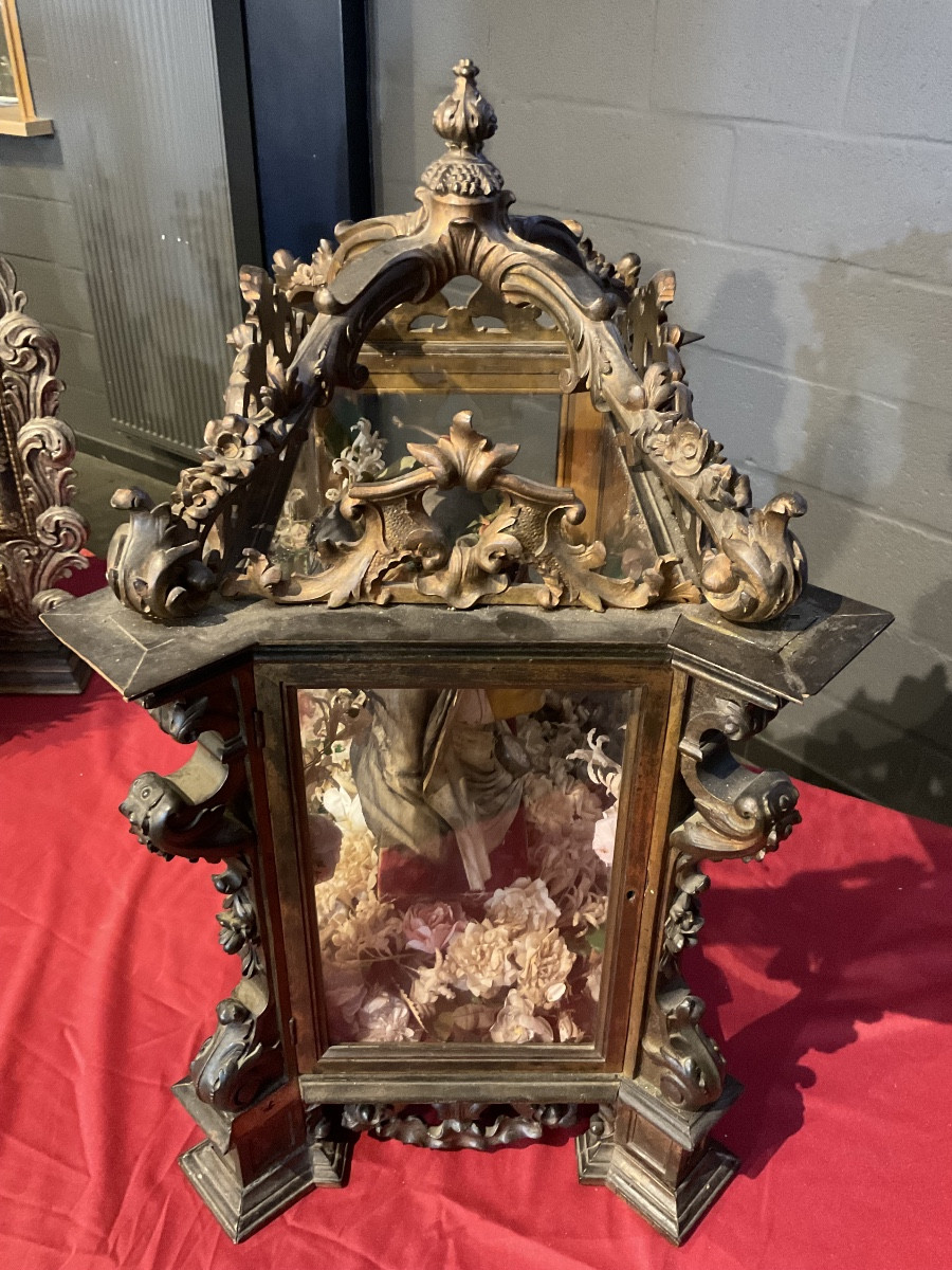 Reliquary - Showcase - Carved Wood , With Wax Bust Of Sainte Cathrin De Sienna , Sicily 1800-photo-4