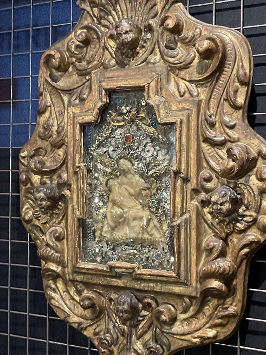 Frame - Reliquary In Carved Wood With Rocaille Décor And Angel Heads, -photo-2