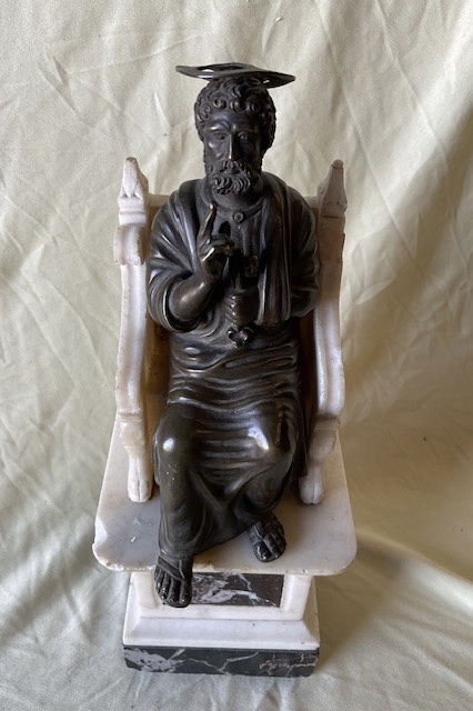 Saint Peter On His Throne, Patinated Bronze And Marble, Circa 1900-photo-3