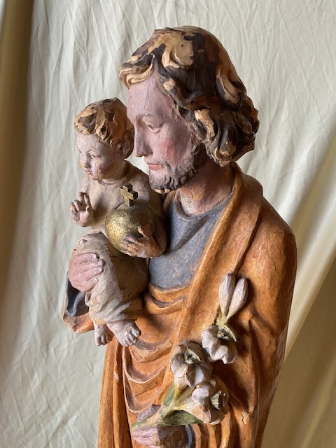 Saint Joseph et l’Enfant Jésus, Bois Sculpté et Polychromé Tyrol, XIXe siècle-photo-3
