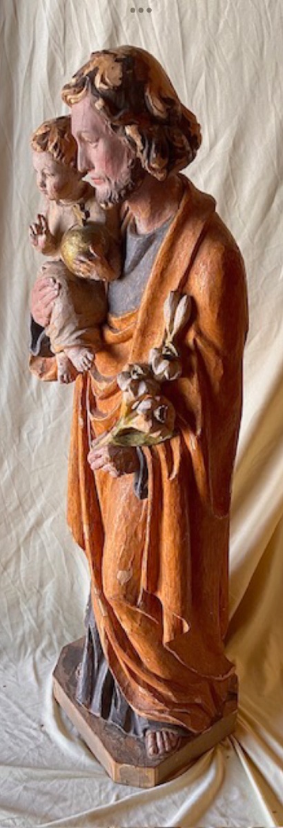 Saint Joseph et l’Enfant Jésus, Bois Sculpté et Polychromé Tyrol, XIXe siècle-photo-1