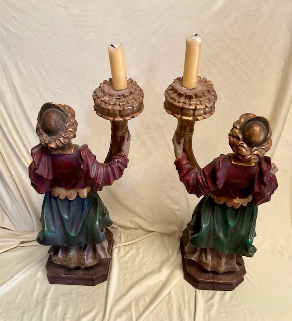 Paire d’Anges Porte-Cierge en Bois Sculpté et peint,Tyrol, environ 1900-photo-3