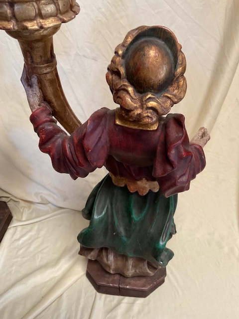 Paire d’Anges Porte-Cierge en Bois Sculpté et peint,Tyrol, environ 1900-photo-4