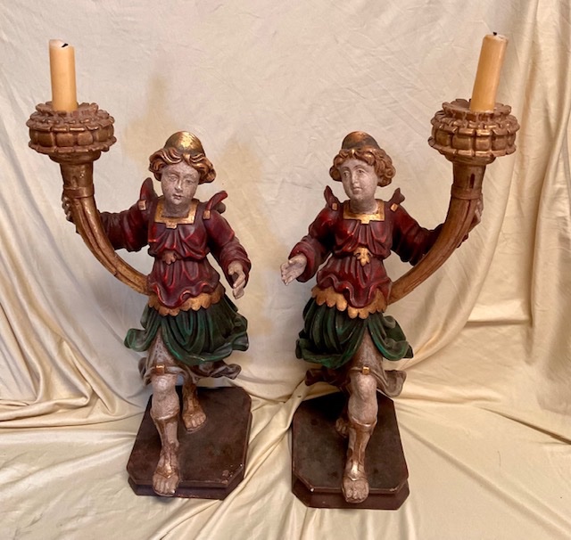 Paire d’Anges Porte-Cierge en Bois Sculpté et peint,Tyrol, environ 1900