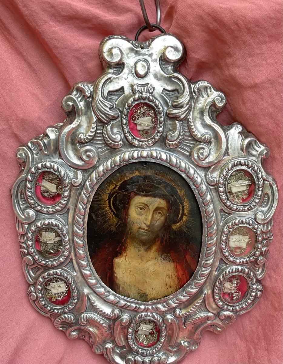 Paire de Reliquaires “Ecce  Homo et  Mater Dolorosa” ( Huile sur  Cuivre), Italie environ 1700-photo-2
