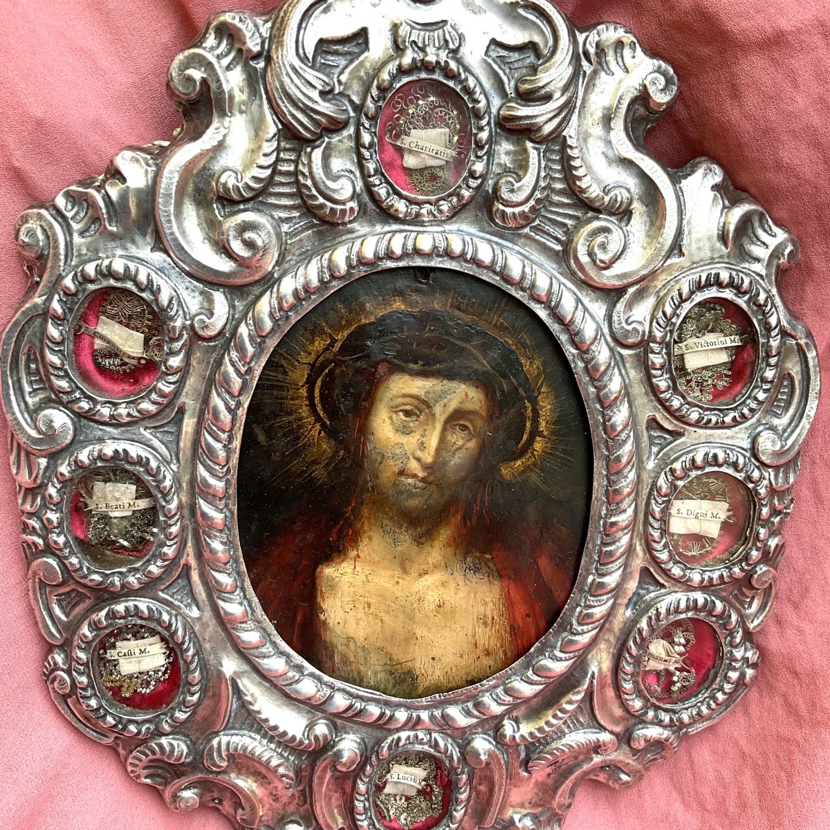 Paire de Reliquaires “Ecce  Homo et  Mater Dolorosa” ( Huile sur  Cuivre), Italie environ 1700-photo-2