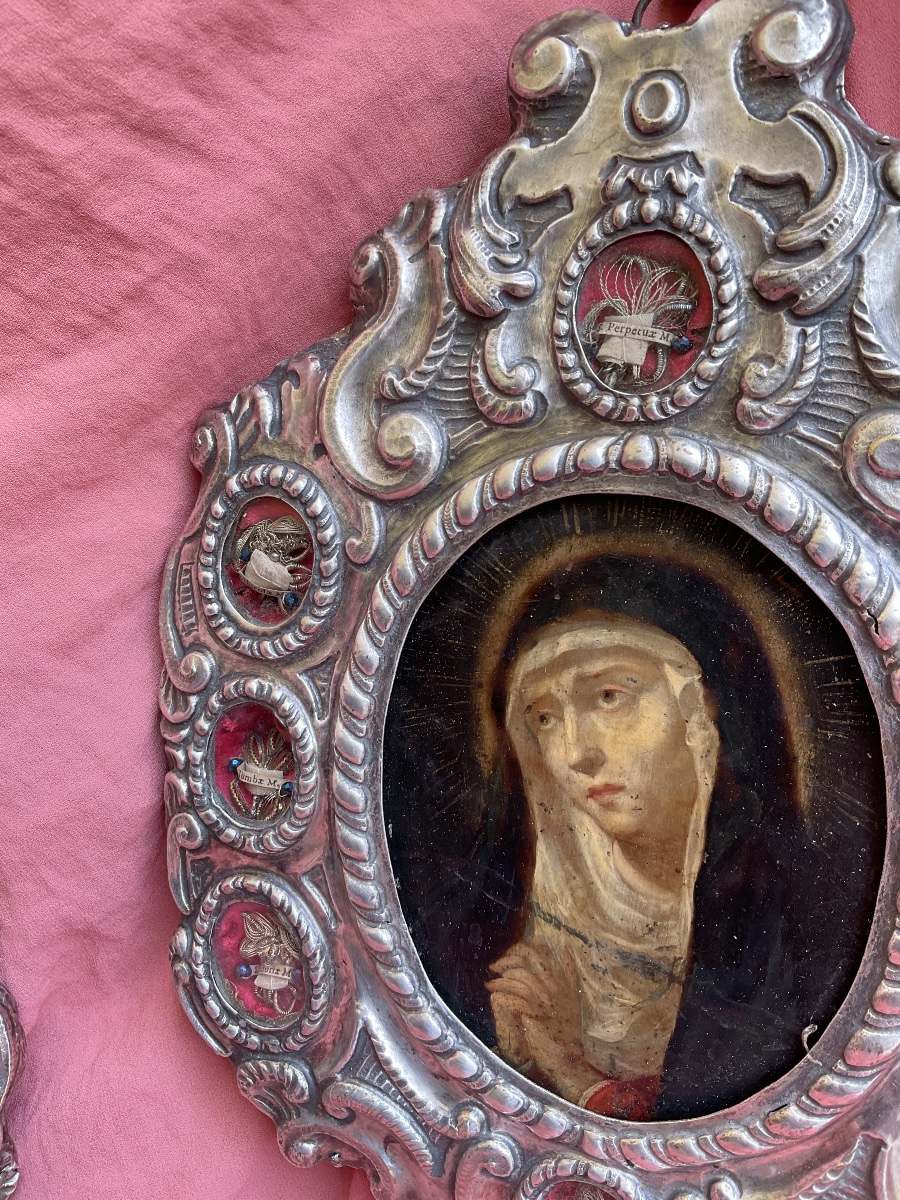 Paire de Reliquaires “Ecce  Homo et  Mater Dolorosa” ( Huile sur  Cuivre), Italie environ 1700-photo-5