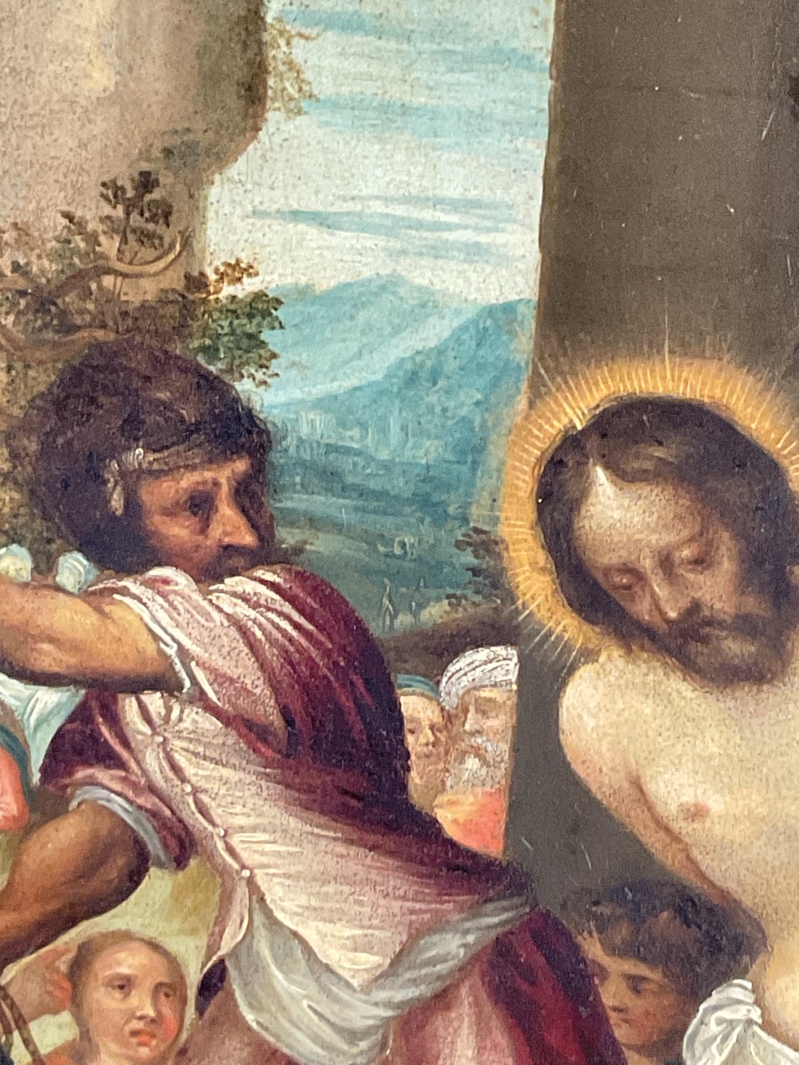 „ Flagellation  du Christ“Tableau , Huile sur Cuivre: École Italo - Flamand , XVIIème Siècle -photo-1