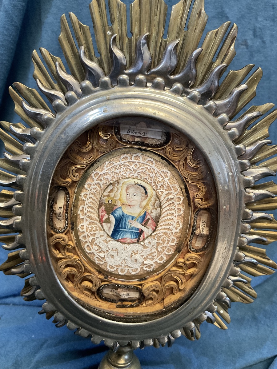 Metal Monstrance And Reliquary “saint Barbara” (guache), Containing The Bones Of Saints, Tyrol, 19th Century-photo-2