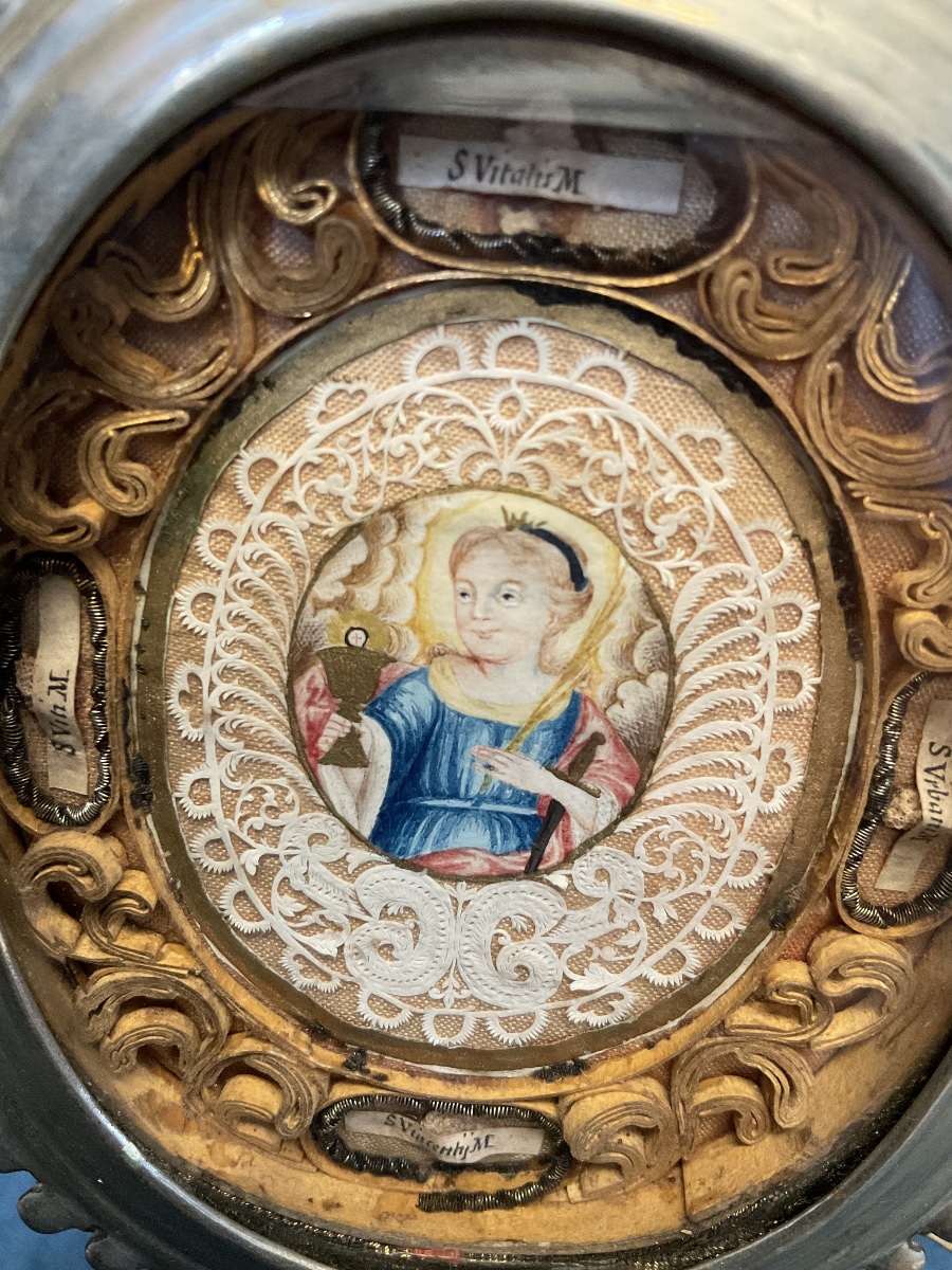 Metal Monstrance And Reliquary “saint Barbara” (guache), Containing The Bones Of Saints, Tyrol, 19th Century-photo-5