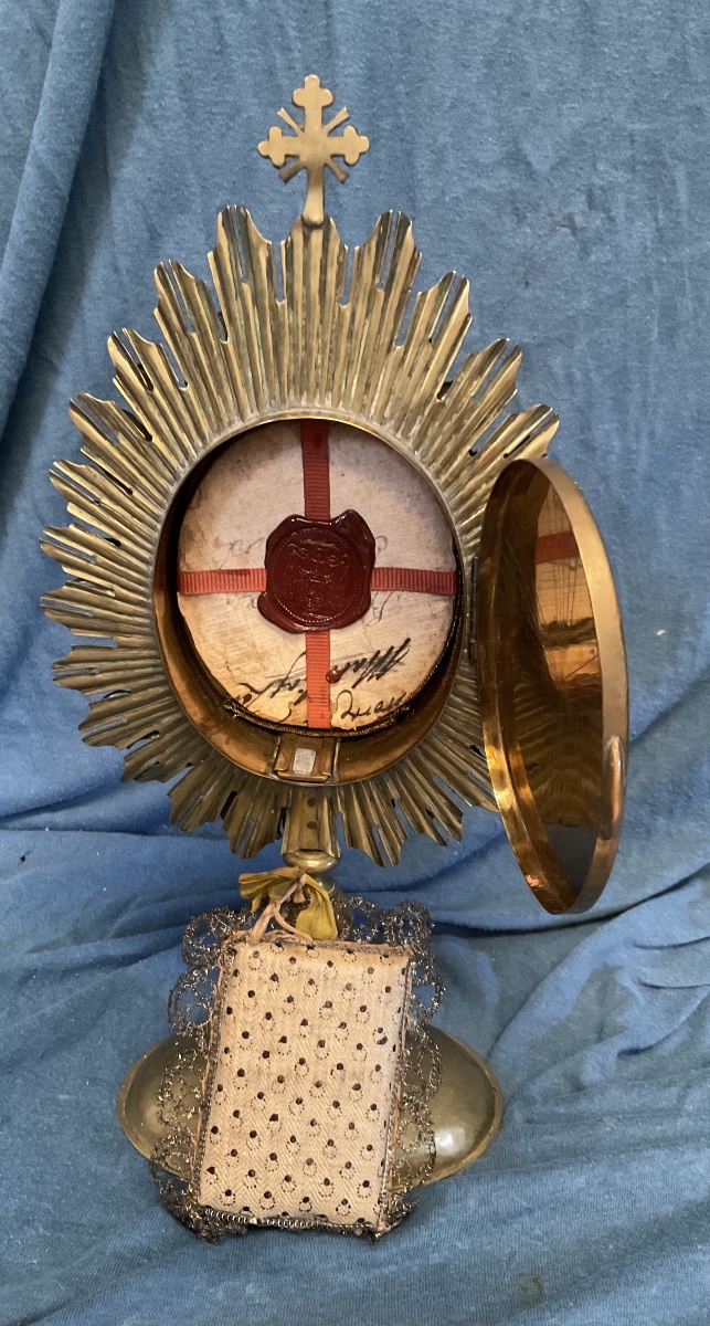Metal Monstrance And Reliquary “saint Barbara” (guache), Containing The Bones Of Saints, Tyrol, 19th Century-photo-6