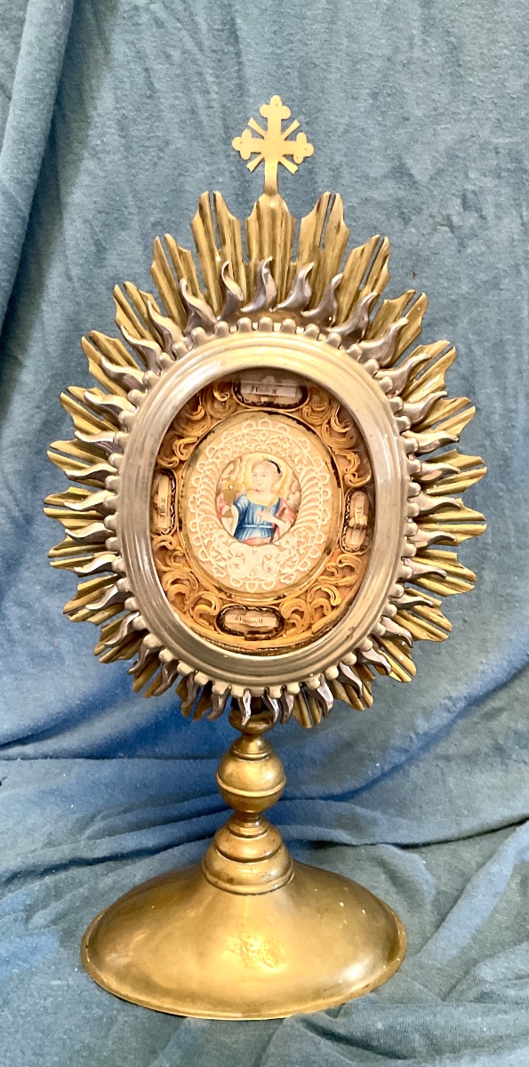 Metal Monstrance And Reliquary “saint Barbara” (guache), Containing The Bones Of Saints, Tyrol, 19th Century
