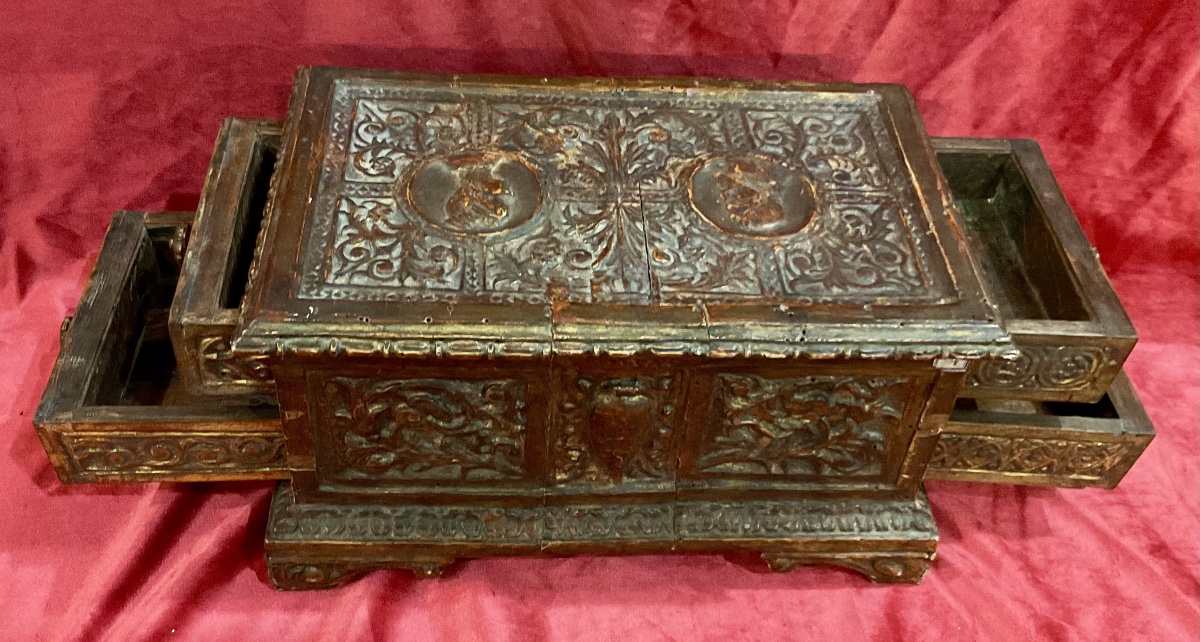 Coffret De Mariage ( Cafanetto), Bois Sculpé Et Doré, Italie XVIIe Siècle -photo-4