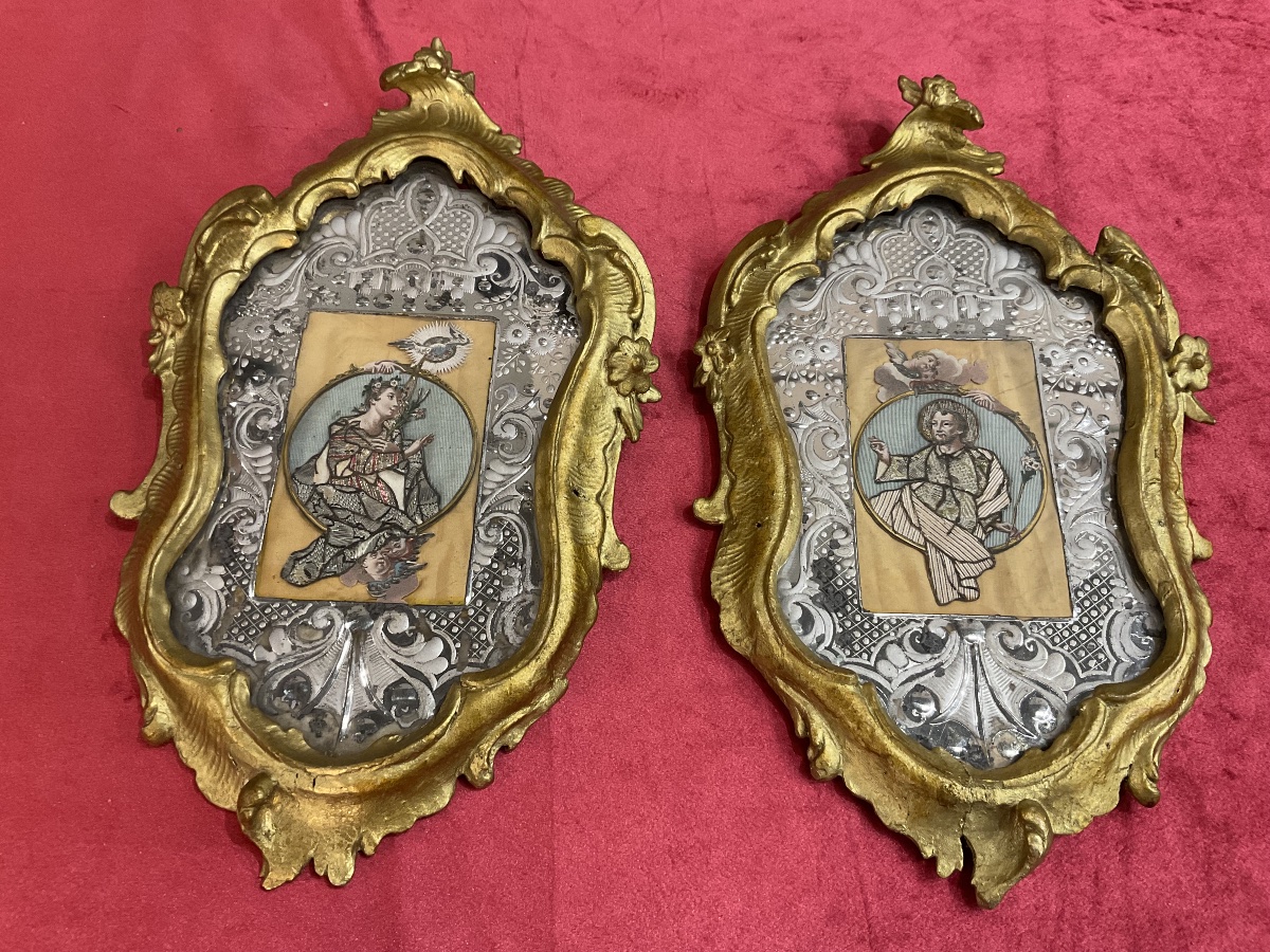 Paire De Miroirs De Soeurs ( Travaux De Couvent ) Portraits De Saint(e) En Tissu , Tyrol XVIIIe-photo-3