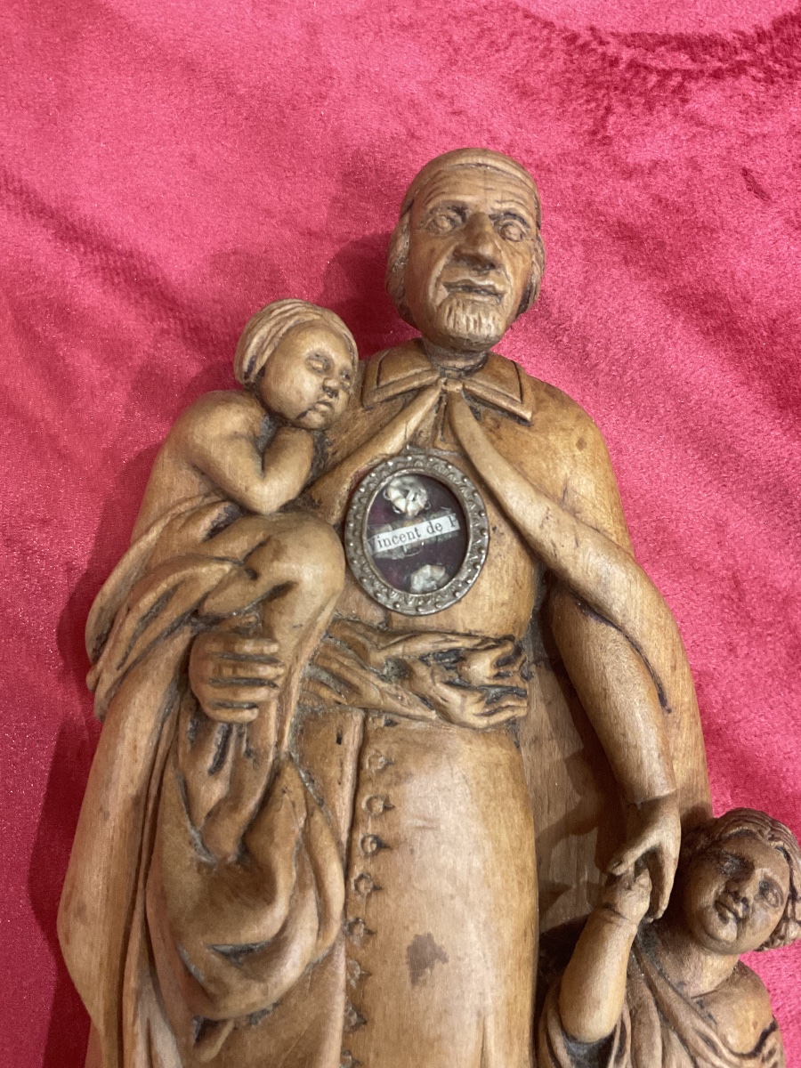 Carved Wooden Reliquary Statuette Containing A Relic Of St. Vincent De Paul, France, 19th Century.-photo-3