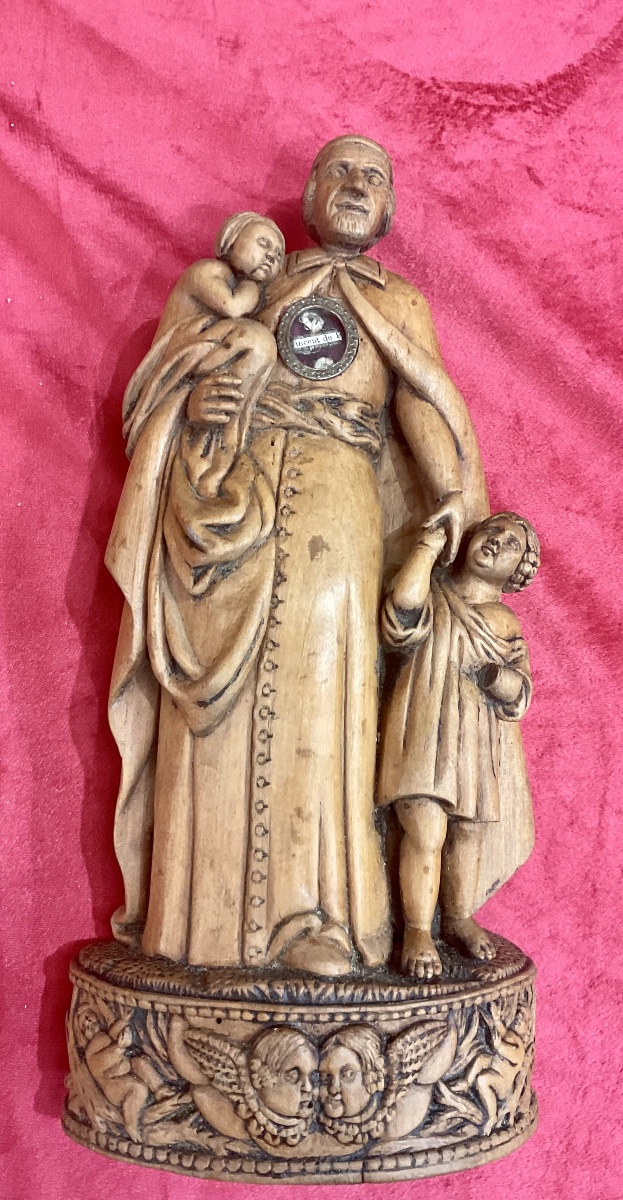 Carved Wooden Reliquary Statuette Containing A Relic Of St. Vincent De Paul, France, 19th Century.
