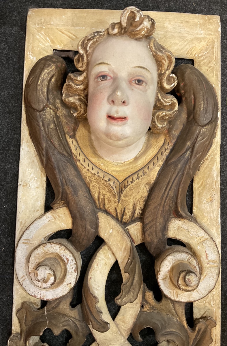 Elément D‘Architecture D’Église , Bois Sculpté En Bas Relief à Décor Tête D‘Ange , Tyrol XVIIIe-photo-2