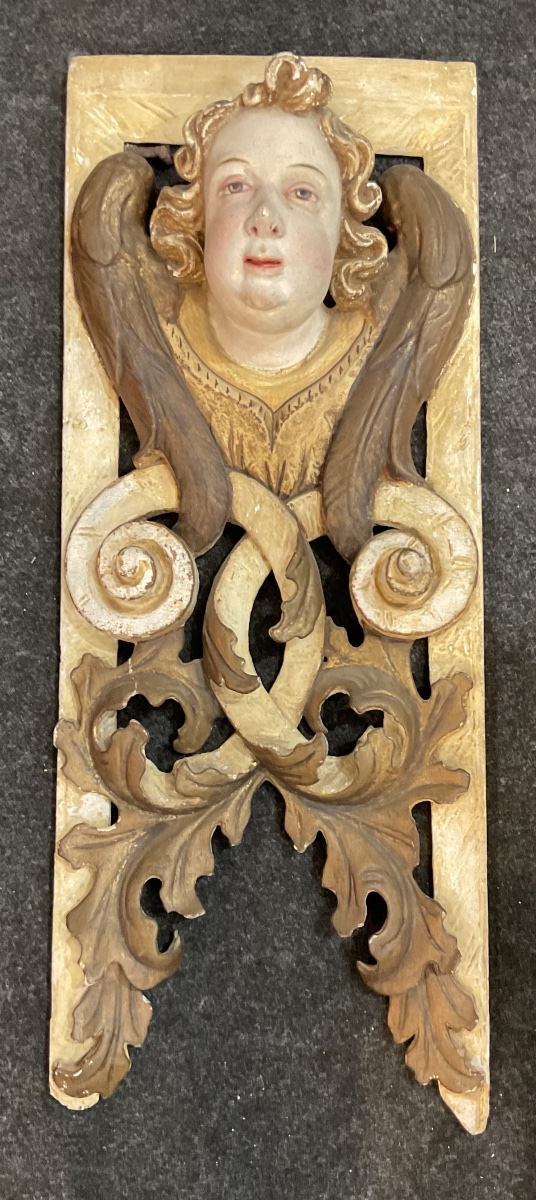 Elément D‘Architecture D’Église , Bois Sculpté En Bas Relief à Décor Tête D‘Ange , Tyrol XVIIIe