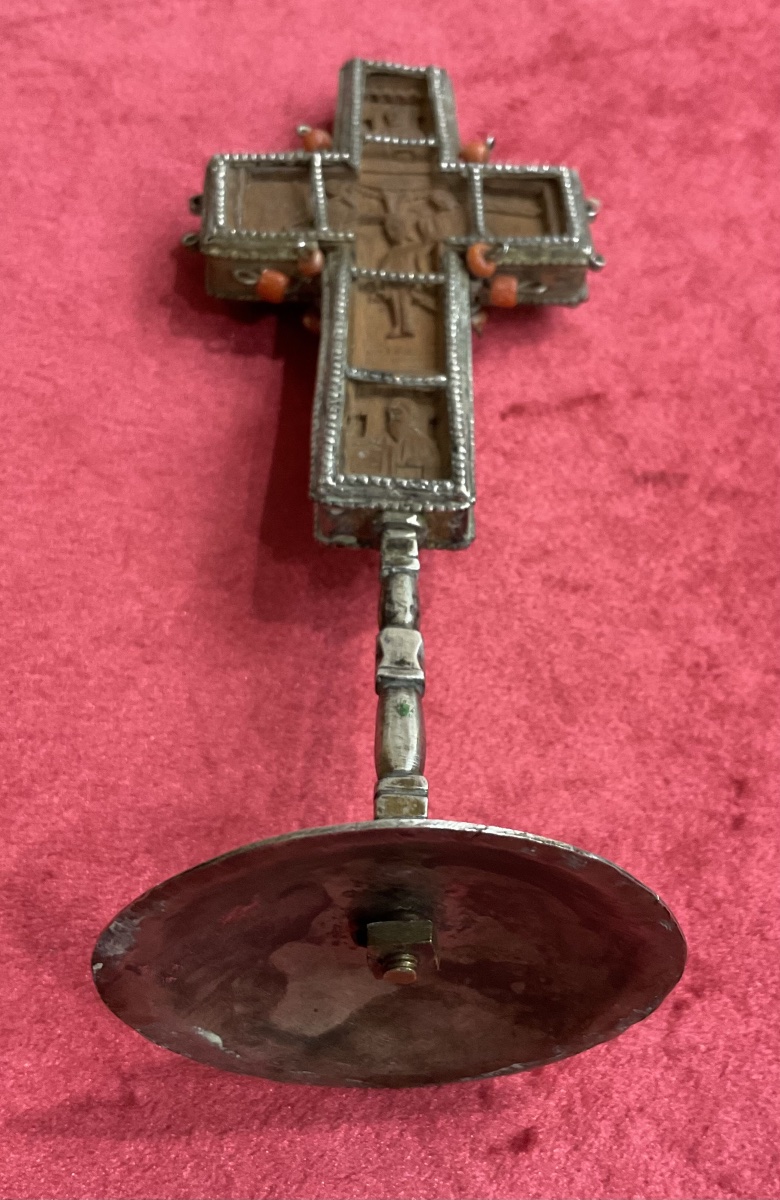 Croix Orthodoxe Du Mont Athos, Bois Sculpté, Monture En argent ,  Perles de Corails, Daté 1877-photo-4