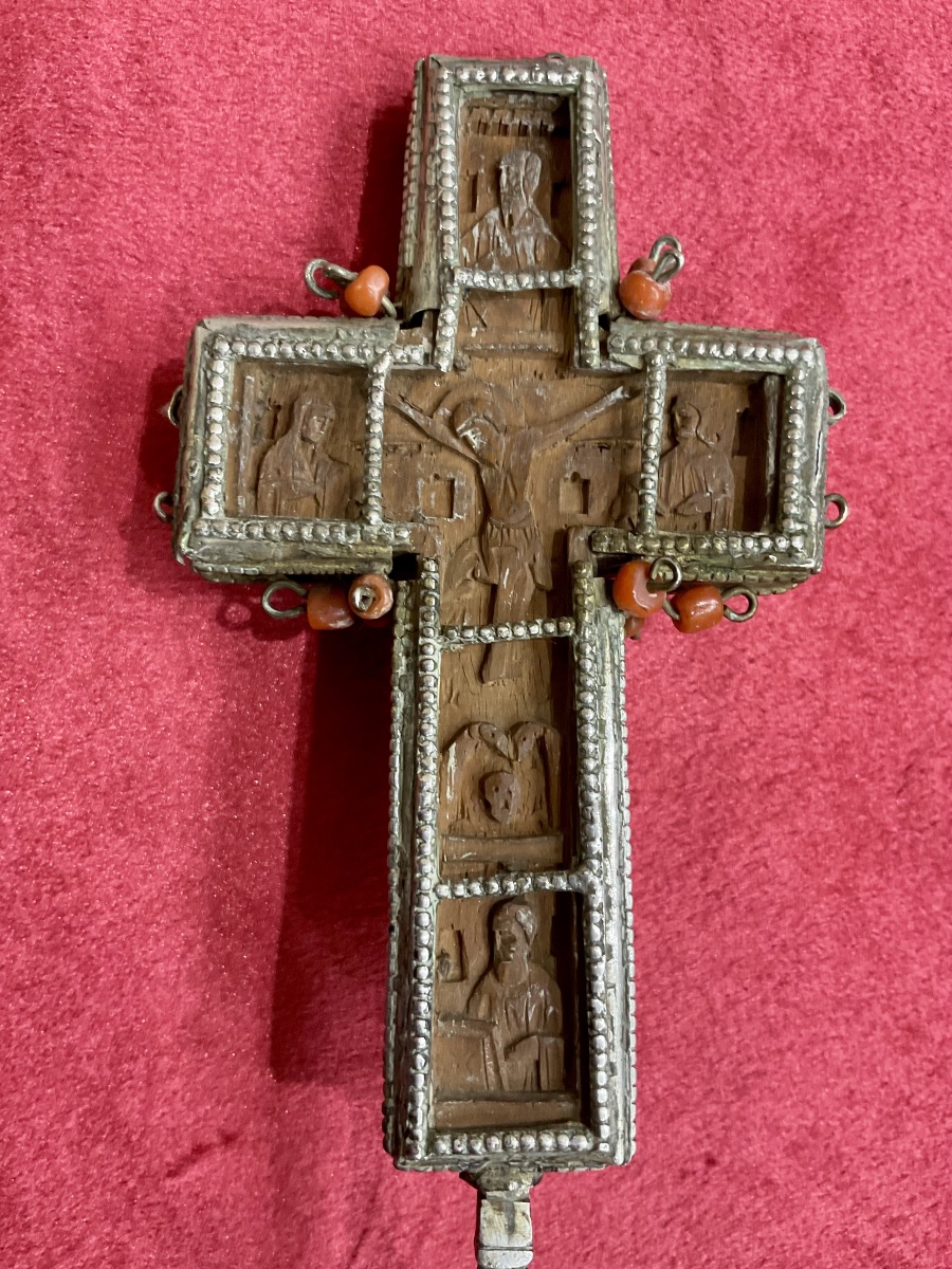 Croix Orthodoxe Du Mont Athos, Bois Sculpté, Monture En argent ,  Perles de Corails, Daté 1877-photo-2