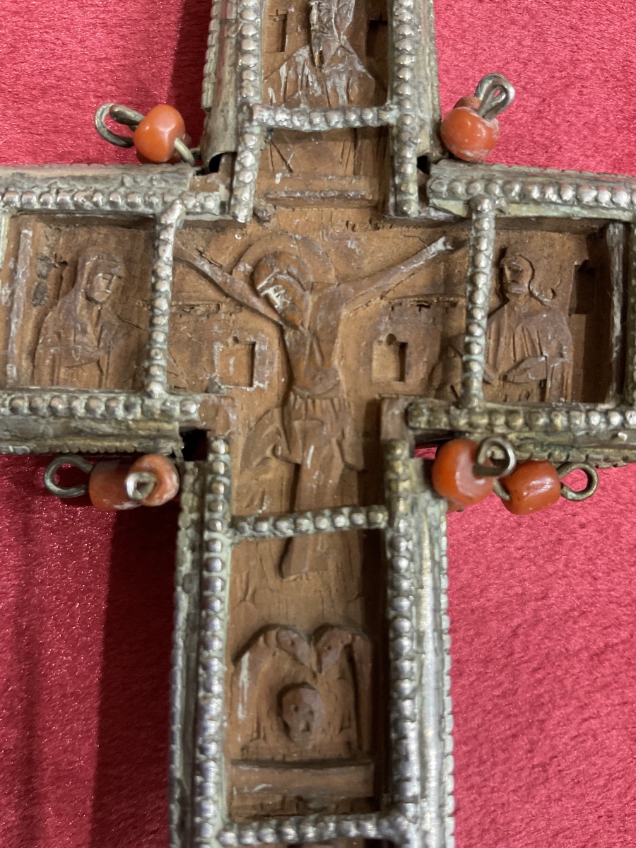 Croix Orthodoxe Du Mont Athos, Bois Sculpté, Monture En argent ,  Perles de Corails, Daté 1877-photo-4